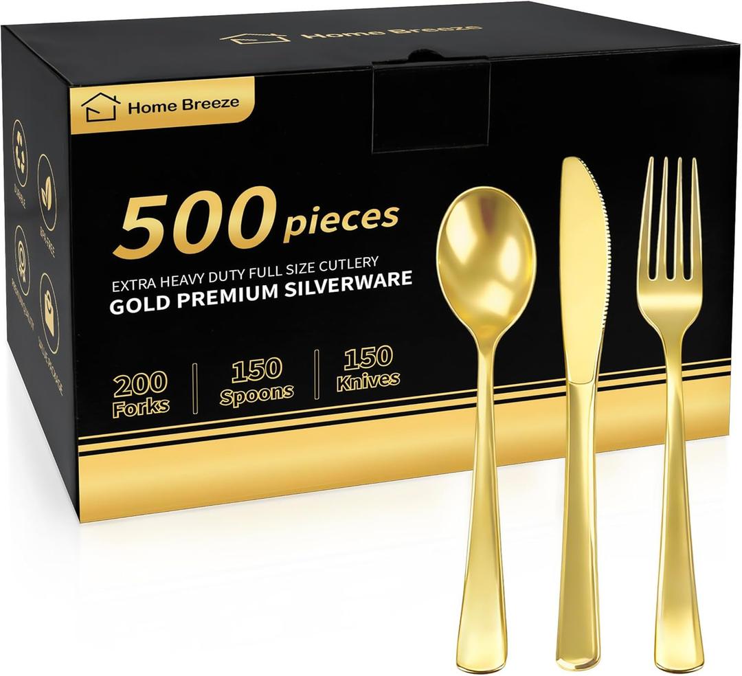 500PCS Premium Heavy Duty Gold Plastic Silverware, 200 Forks, 150 Spoons, 150 Knives, For Parties, Weddings and Baby Shower, BPA-Free, Disposable Plastic Cutlery Dinnerware Utensils Set