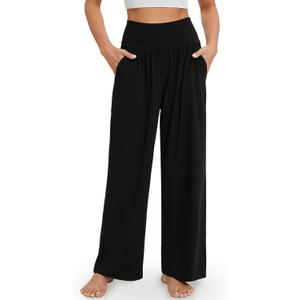 Gracyoga Wide Leg Yoga Pants for Women Casual Loose Cozy Sweatpants High Waisted Lounge Pajama Flowy Pants With Pockets (Black, L)