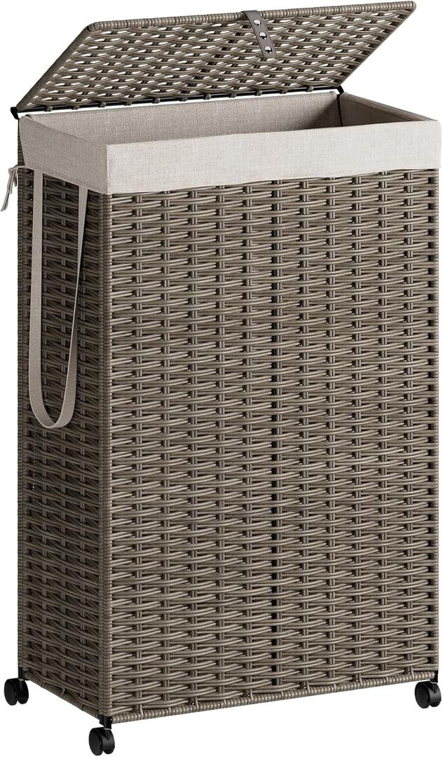 Rolling Laundry Hamper with Wheels and Lid, 90L Slim Laundry Basket with Removable Bag, Foldable Handwoven Rattan Laundry Sorter, Narrow Dirty Clothes Basket Organizer, No Assembly, Grey