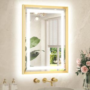 TETOTE 20 x 28 Bathroom LED Mirror Brushed Gold Metal Frame Frontlit & Backlit Vanity Mirror Anti-Fog Stepless Dimmable 3 Colors White/Warm/Natural Mirror with Lights Wall-Mounted