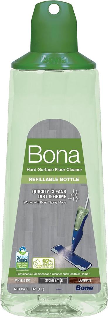 Bona Multi-Surface Hard Floor Cleaner Spray Mop Cartridge - 34 fl oz - Unscented - Refillable - Residue-Free Floor Cleaning Solution for Bona Spray Mops - Stone, Tile, Laminate, and Vinyl Floors (Green)
