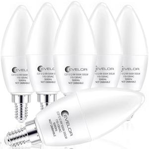 evelor E12 LED Candelabra Light Bulb,40 Watt Equivalent Daylight White 5000K,Efficient 6W Candle Chandelier Bulbs,550 Lumens Non-Dimmable Small Light Bulbs,20000 Hours, 6-Packs