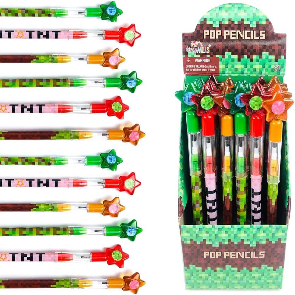 TINYMILLS 24 Pcs Pixel Miner Themed Multi Point Pencils Party Favor Mine Pixel Craft Back to School Pencils Classroom Rewards Prizes Goody Bag Treat Bag Stuffers