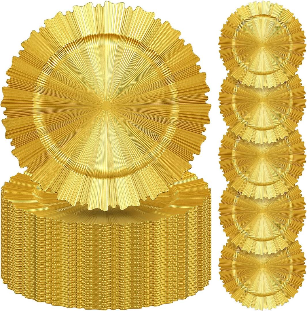 Mifoci 50 Pcs Bright Gold Charger Plates Bulk 13 Inch Plastic Round Chargers Fluted Edge Dinner Plate Wedding Decoration for Table Setting Wedding Party Event Tabletop, 13 x 0.8 inches