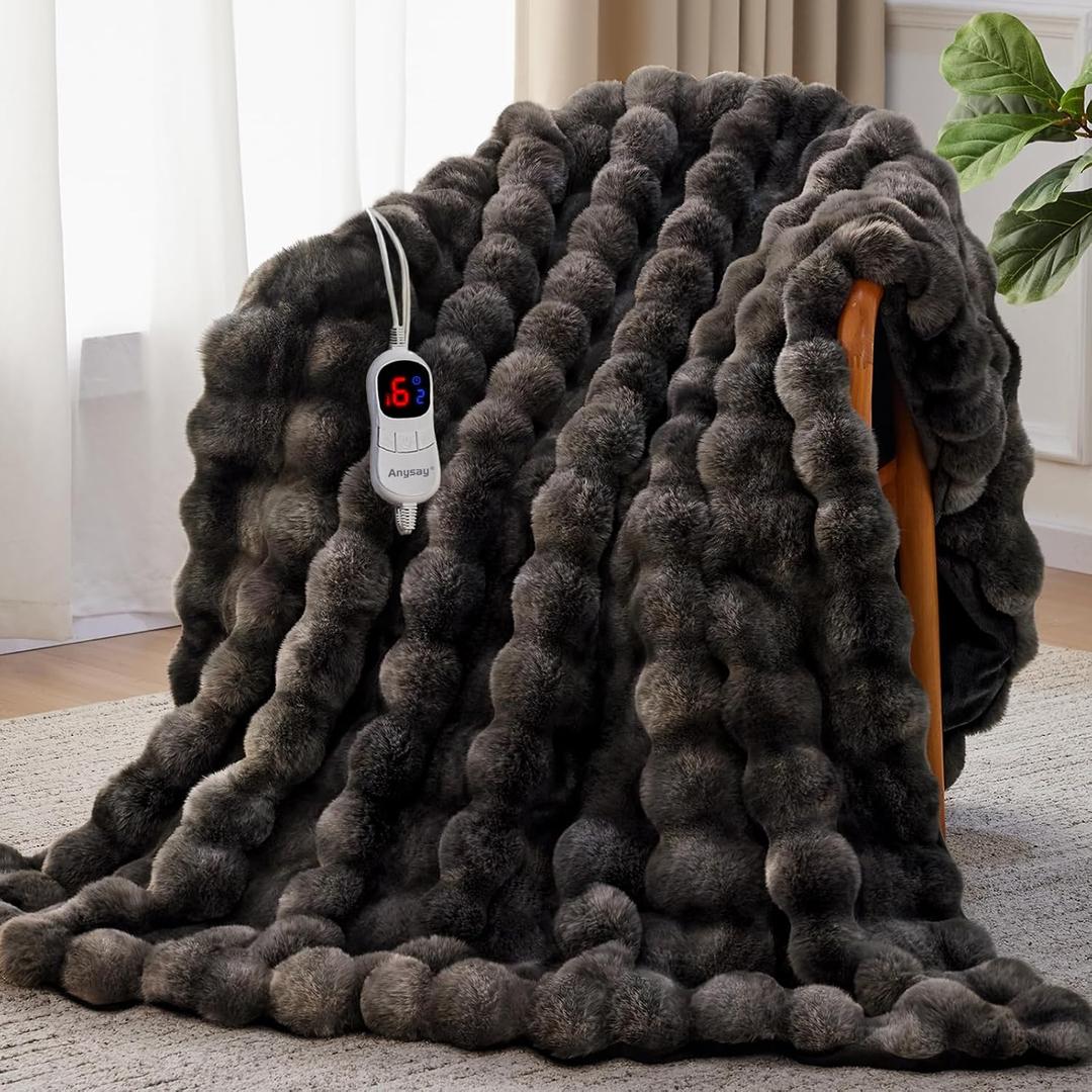Anysay Heated Blanket Throw with 1/2/4/6/8 Hours Auto-Off 10 Heat Level, 62'' * 84'' Cozy Faux Rabbit Fur Bubble Electric Blanket with Overheat Protection(Tie-Dye Dark Grey)