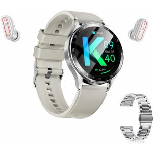 X10 Smart Watch with Earbuds for iPhone Android Smartphones 1.39 Inch Round Bluetooth Call Smartwatch Fitness Tracker All-in-one Smartwatches Long Time Standby TWS Music Watch for Men Women (Silver)