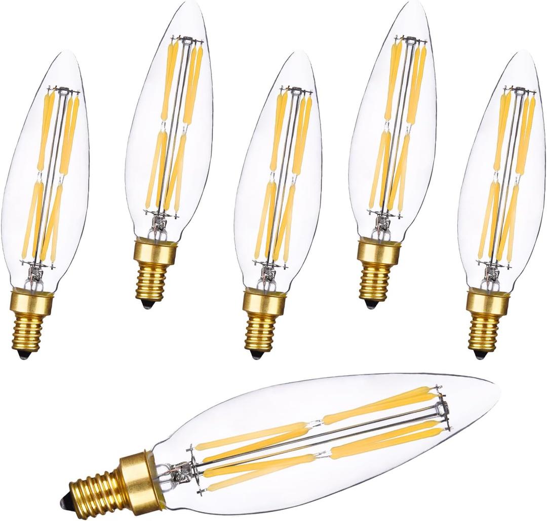 Candelabra Led Light Bulbs B11/C35 Dimmable Edison Light Bulbs Daylight White 4000K,8W,E12 Base Ceiling Fan Light Bulbs,Pack of 6