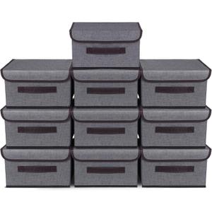 Nuogo 10 Pcs Gray Fabric Storage Bins with Lids Foldable Boxes Decorative Container Baskets for Organizing Clothes Closet Home Office Bedroom Toy, 10.2 x 7.5 x 6.3 in