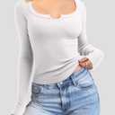 REORIA Womens Long Sleeve Scoop V Neck Shirts Ribbed Knit Slim Fitted Tops Trendy 2025 Fall Basic Tees Going Out Blouse (White, XL)