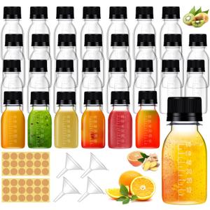 42 Pcs 2oz Plastic Bottles for Liquids, Mini Jars with Lids juice shot bottles with caps with Scale and Labels for Juice Ginger Sauce Bulk Portable Travel