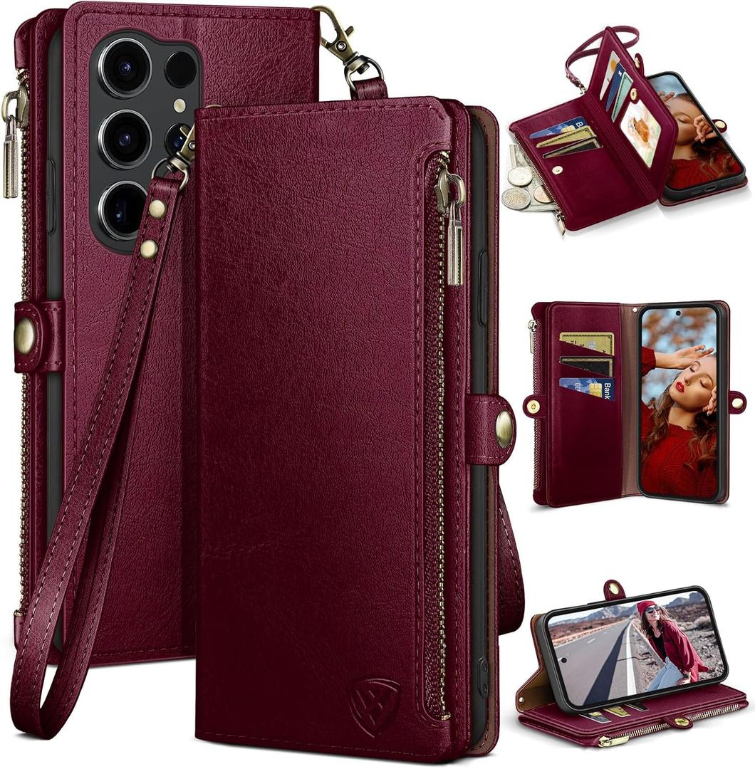 XcaseBar compatible with Samsung Galaxy S25 Ultra Wallet case with Zipper Credit Card HolderRFID Blocking,Flip Folio Book PU Leather Phone case Shockproof Cover Women Men for S25 Ultra case Burgundy