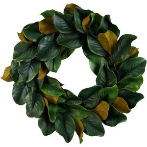 Serene Spaces Living Artificial Magnolia Leaf Garland and Wreath, Ideal to Hang at Wedding, Store Display, Window Sill, Fall Decor, Holiday Dcor (24" Green & Brown Magnolia Wreath)
