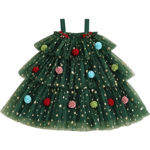 Toddler Girl Christmas Dress Green Xmas Tree Shiny Star Pompom Embroidery Tulle Tutu Princess Dress Holiday Photo (Green) 2-3Y