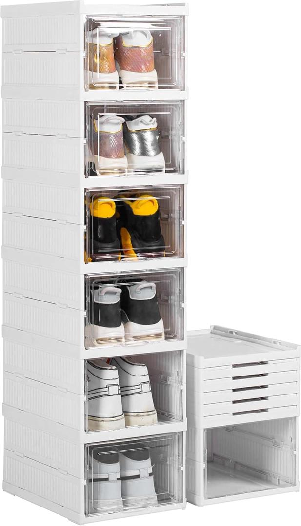 Shoe Storage Box, No-Assembly 6 Tiers Foldable Shoe Organizer with Clear Door, Space-saving Shoe RackSturdy Clear Plastic Stackable Sneaker Container