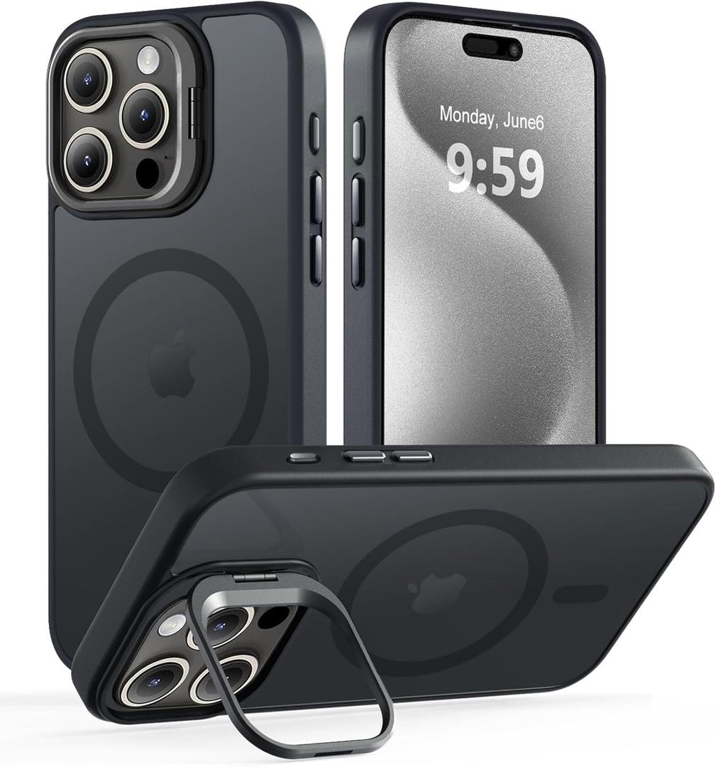 Magnetic Case for iPhone 15 Pro Max with Kickstand, Compatible with Magsafe, Built-in Camera Stash Stand, Military Protection, Skin Feeling Phone Case for iPhone 15 Pro Max, Black