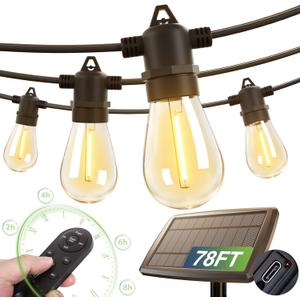 addlon 78(72+6) FT Solar String Lights Outdoor Waterproof with USB Port & Remote Control Solar Patio Lights Long Last for 20+Hrs Dimmable Solar Power LED Bulbs Hanging for Porch Garden Market Bistro