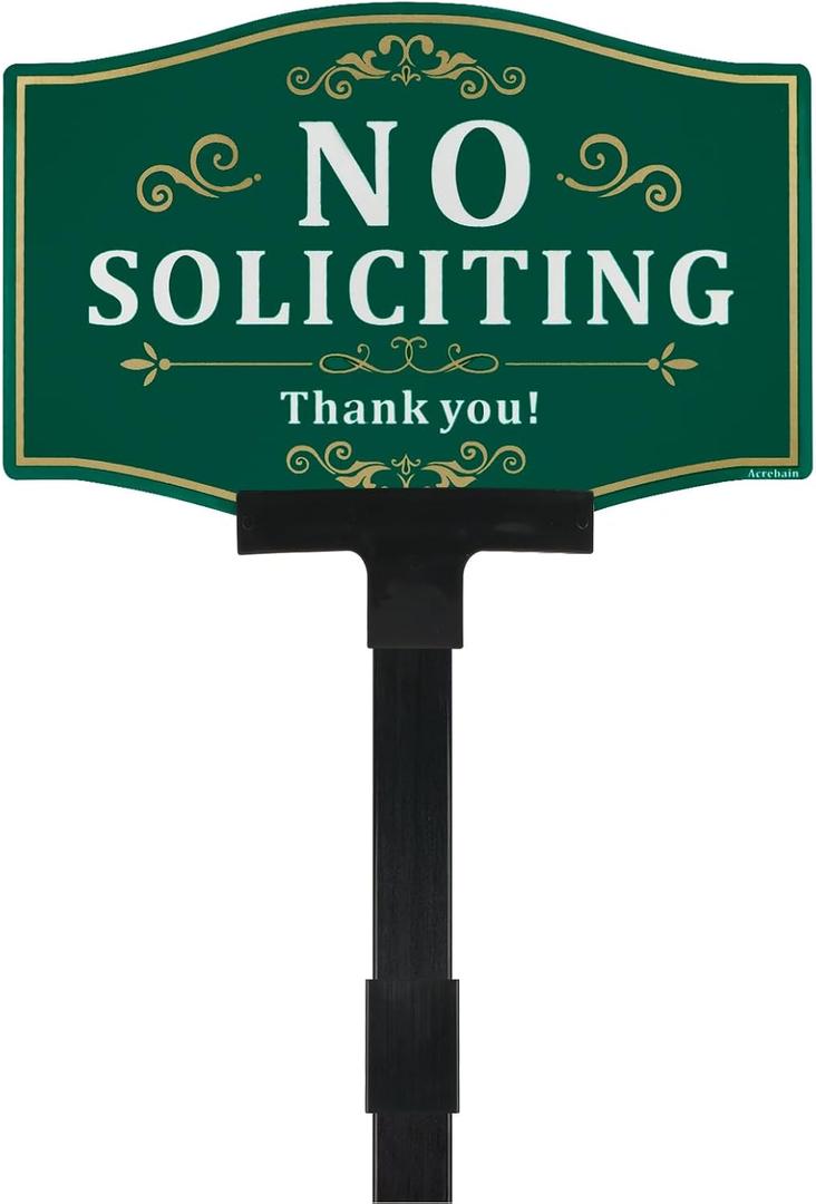 No Soliciting Sign with Stake Yard Sign, 12"x8"/36 inch Height -40-mil Thick Aluminum with Fiberglass Stake, Double-sided printing with UV Protection,With reflective film,Screwless mounting for Lawns and Gardens (Green&White)