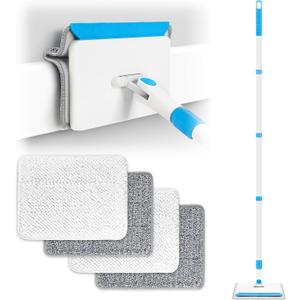 Cleaning Tools for Baseboard, Baseboard Cleaner Tool with Handle, 4 Reusable Cleaning Pads Wall Cleaner for Baseboards Cleaning, Ceiling, Wall, Floor, Shower Bathroom Kitchen (Blue)