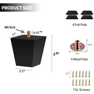 Sofa Legs Square Bed Feet 3 inch Wood Replacement Leg for Furniture Set of 4,Black (3, 4set)