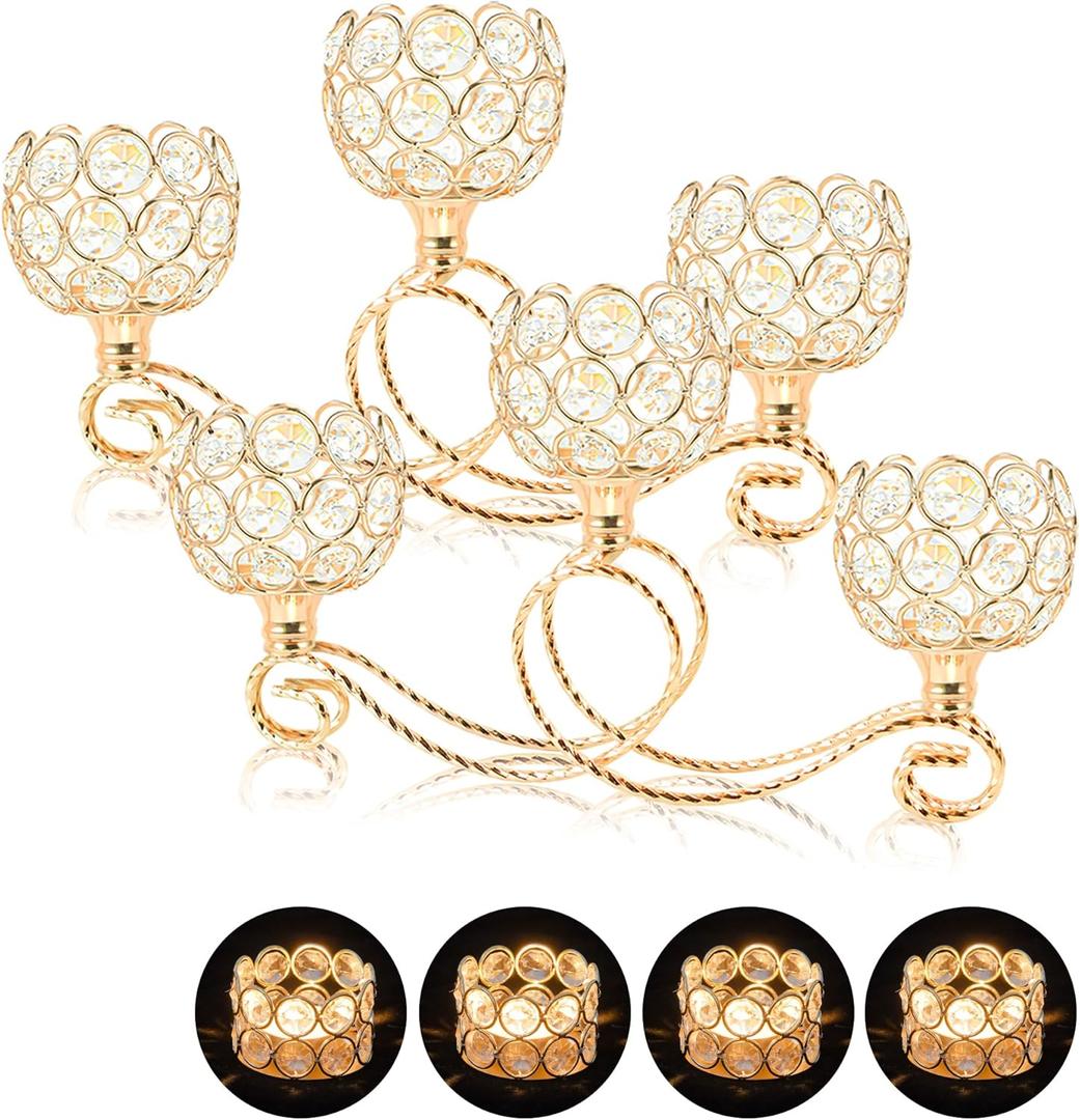 Gold 2 Pcs-3Arm Metal Crystal Tea Light Candle Holder, Elegant Wedding Table Centerpiece Candle Holder, Christmas Wishing Crystal Bowl Candle Holder Suitable for Wedding Party Living Room Decoration