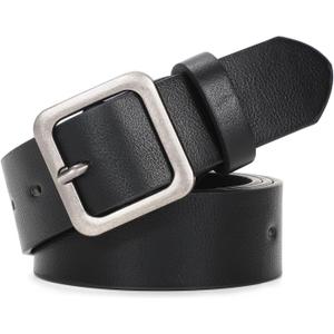 XZQTIVE Women's Leather Belts for Jeans Pants Dresses Fashion Ladies Black Belt with Square Buckle, Black(silver Buckle)