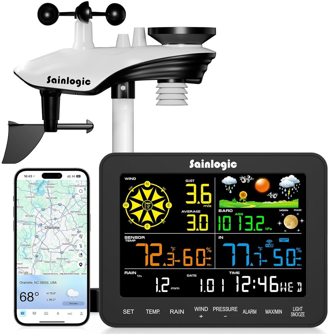 Sainlogic Smart WiFi Weather Stations Wireless Indoor Outdoor SA6 Plus,24/7 AI Weather Forecast by Weather seed, APP Alert, Weather Station with Rain Gauge and Wind Speed,2-Year Data Storage Only 2.4G