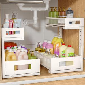 2-Pack Under Sink Storage Organizer, Large 2-Tier Elegant Mesh Pull Out Shelf for Kitchen and Bathroom Cabinet Organization, L-Shaped and Adjustable Height Design for Maximum Space Efficiency-White (2 Pack-15.74"Dx11.4"-16.14"H)