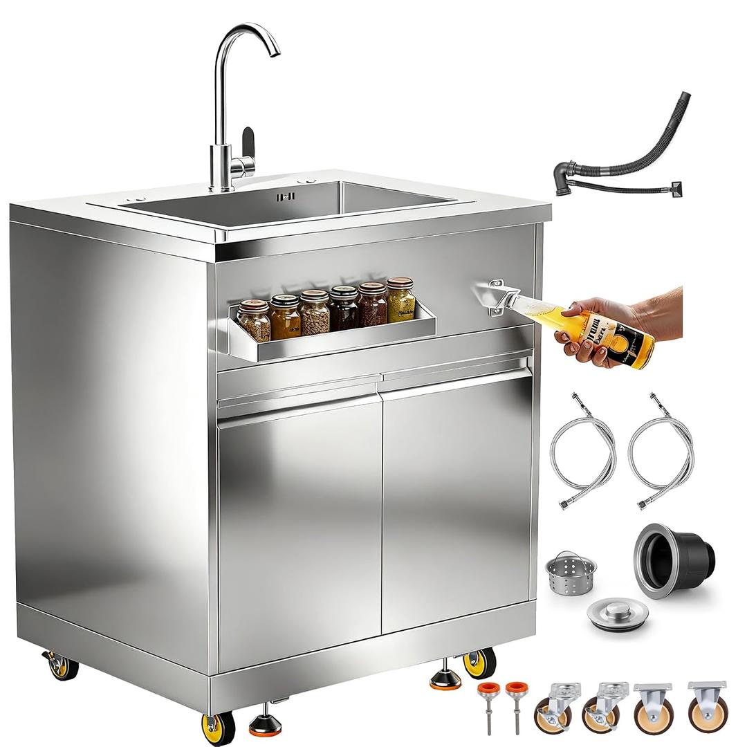 BODEGA Stainless Steel Single bowl kitchen sink Cabinet With hose hookup and Faucet, Outdoor Kitchen Sink with Storage, Brake Wheels & Spice Rack, All-Weather Sink, Use For RV, Yard,Garage,Restaurant., UL-SCG01-TS-kitchen sink