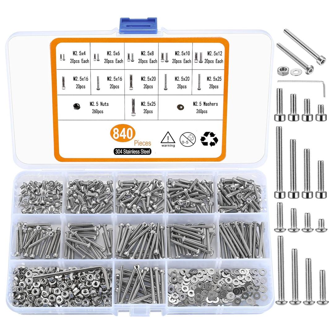 840 Pcs M2.5 Small Metric Screws with Nuts, Hex Socket Head Cap and Nut Assortment Kits, Stainless Steel Replacement Machine Fastener Screws and Bolts Nuts (M2.5 840 Silver)