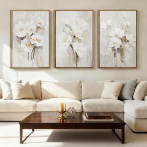 Anyzal Framed Beige Floral Wall Art Neutral Flower Wall Decor for Living Room Bedroom Dining Room 16x24 Inch Set of 3