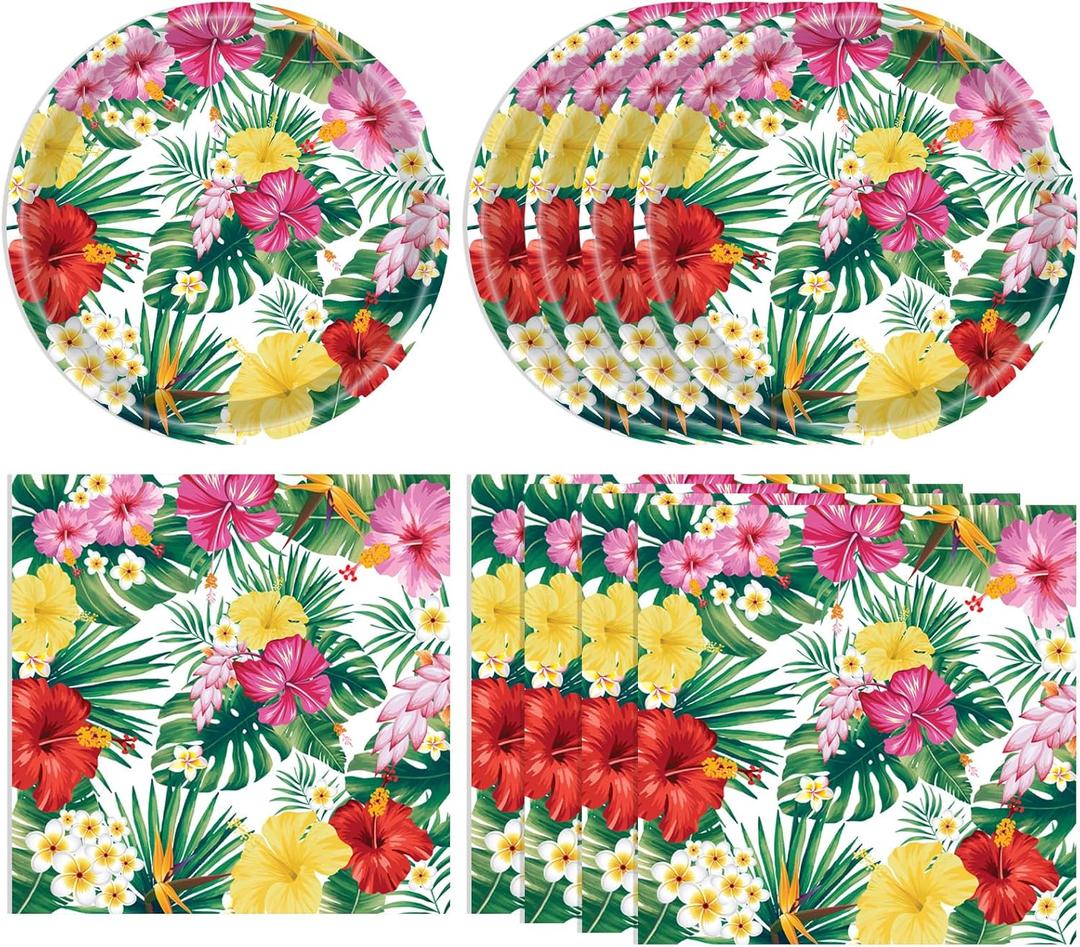 40PCS Hawaiian Luau Party Decoration, Luau Decoration Aloha Tropical Palm Leaves Tableware Supplies Hawaii Disposable Plates, Napkins, Party Supplies for Birthday Summer Kid