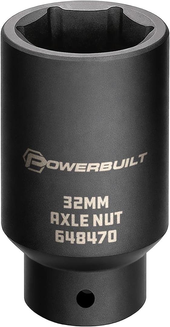 Powerbuilt 1/2-inch Drive Axle Nut Socket, 32mm 6 Point Extra Deep, Remove Front Wheel Drive Axle Shaft Nuts, Pin Hole - 648470