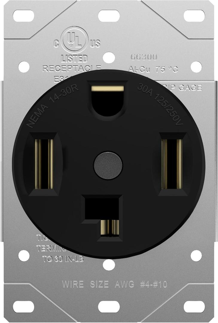ENERLITES 30 Amp Dryer Receptacle Outlet, NEMA 14-30R | Residential Commercial Industrial Grade, Outdoor/Indoor, 3-Pole, 4 Wire, (10,8,6,4) AWG, UL Listed | 125/250V, 66300-BK - Black (Pack of 1)