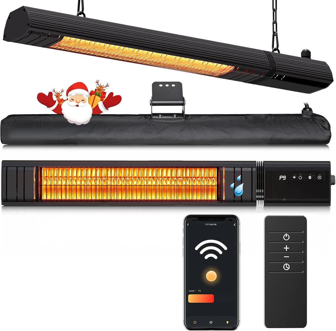 Ceiling Electric Outdoor Heater Wall-Mounted Hanging Patio 1500W Infrared 9 Heat Levels, 24H Timers, Carbon Fiber Tube Heating Wall Heater for Gazebo, Balcony (Clear Quartz Glass)