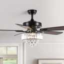 52 Inch Crystal Ceiling Fan with Lights and Remote Modern Black Chandelier Fan for Bedroom 5 Reversible Wood Blades Silent DC Motor Fandelier Ceiling Fans for Living Room Dining Room
