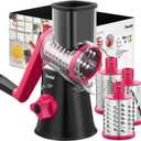 Geedel Rotary Cheese Grater, Kitchen Mandoline Vegetable Slicer with 3 Interchangeable Blades, Easy to Clean Rotary Grater Slicer for Fruit, Vegetables, Nuts (Rosy)