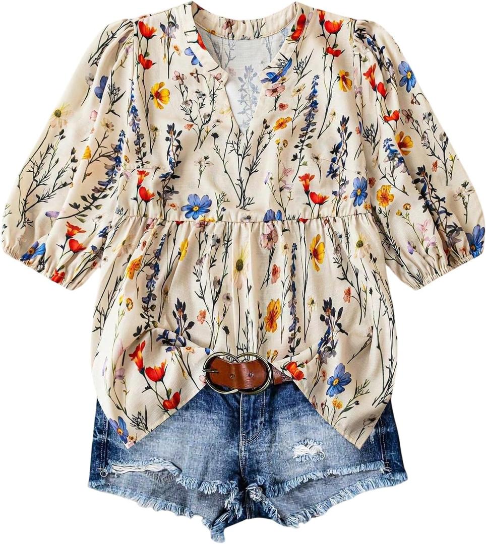 MakeMeChic Women's Floral Notched Blouse Puff Sleeve Ruffle Hem Summer Shirt Tops (X-Large, Apricot)