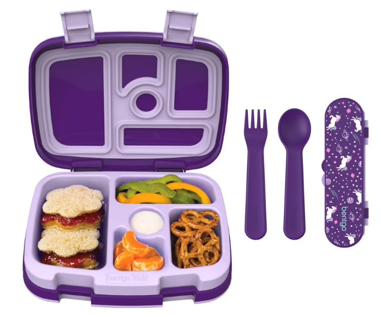 Bentgo® Kids Prints 5-Compartment Bento-Style Kids Lunch Box Set with Reusable Plastic Utensils (Unicorn) 