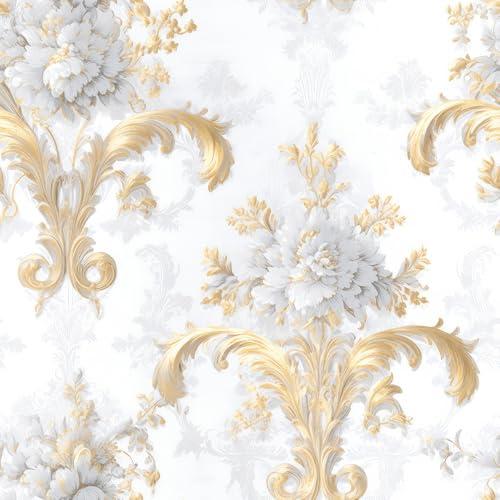 REDAMANCY White Golden Yellow Damask Vintage Peel and Stick Wallpaper Stick on Contact Paper Vintage Wall Paper Easy Peel Off for nightstand Drawer Cabinet Renter