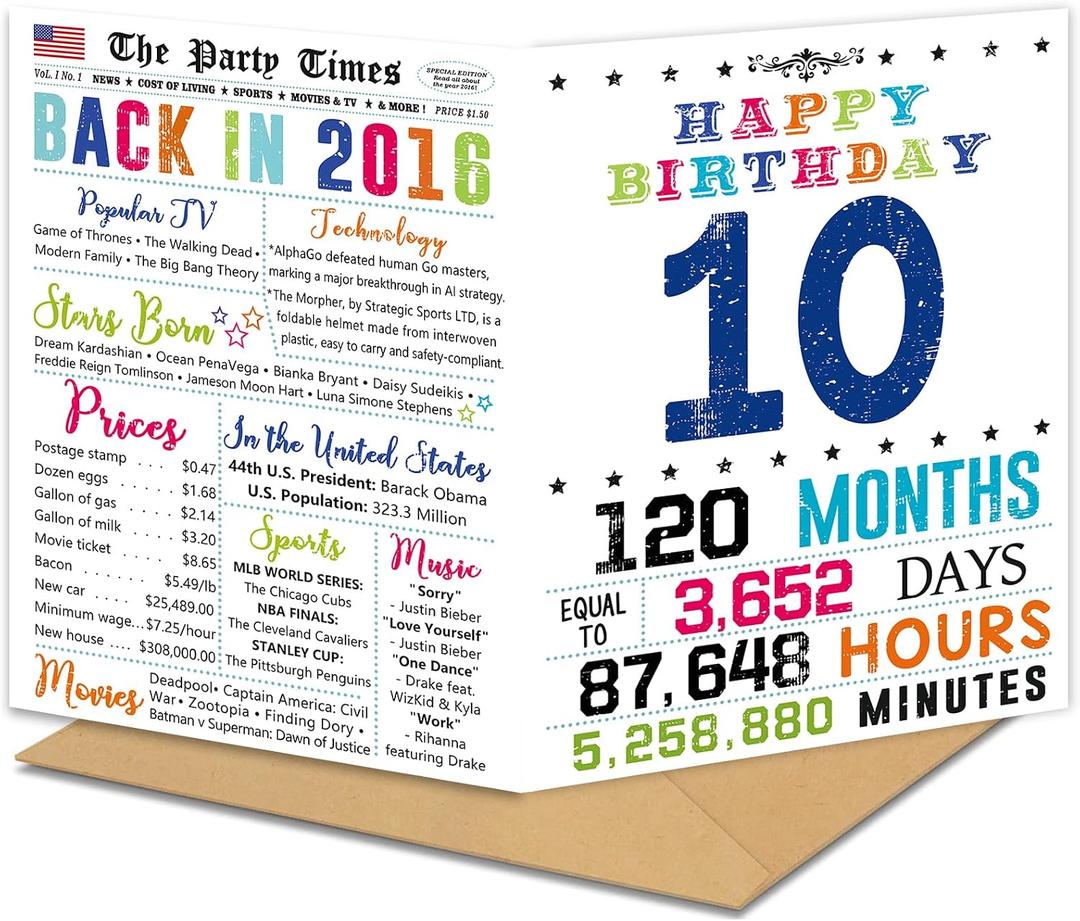 10th Birthday Card, Happy 10th Birthday Decorations for Boys Girls, 10.6×7.9 inches