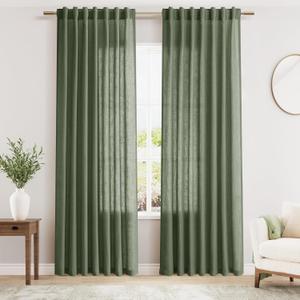 Olive Green Linen Curtains 84 Inches Long for Living Room Back Tab Light Filtering Privacy Semi Sheer Curtains Modern Farmhouse Decor Olive Green Curtain for Bedroom 2 Panels 52x84