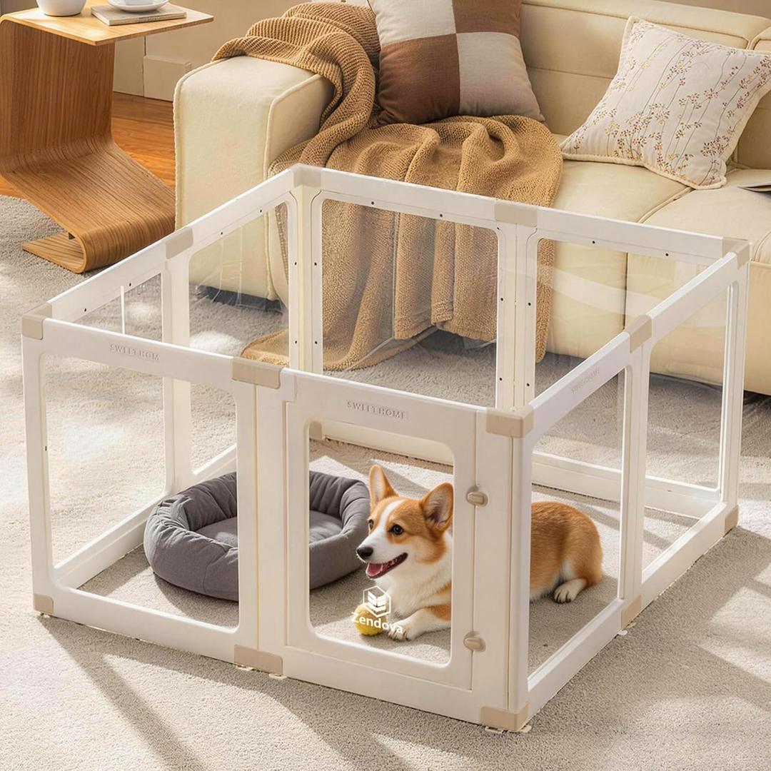 Acrylic Dog Playpen Indoor for Small Dogs & Puppies | Clear Transparent Pet Playpen, Easy Clean & Assemble, Modern No-Bar Design, Escape-Proof & Sturdy, 23.6", 8 Panels, White