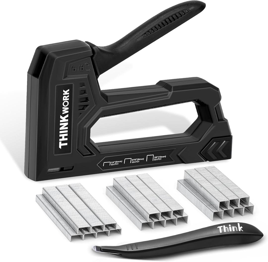 THINKWORK Light Duty Staple Gun - Black Upholstery Staple Gun for Wood with 1600pcs JT21 Staples 1/4", 5/16", 3/8" and Staple Remover, Fabric Stapler Gun for Crafts, Home Use, Wall, DIY, Lights Decora