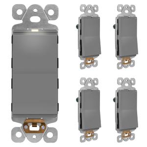 LIDER Minimalist Design Matte Finish Lighted Decorator Switch, Frameless Paddle Light Switch with Locator Light, Grounding Screw, 15A 125V, UL Listed, LS15-1P-GY5P, Gray, 5 Pack, Single Pole