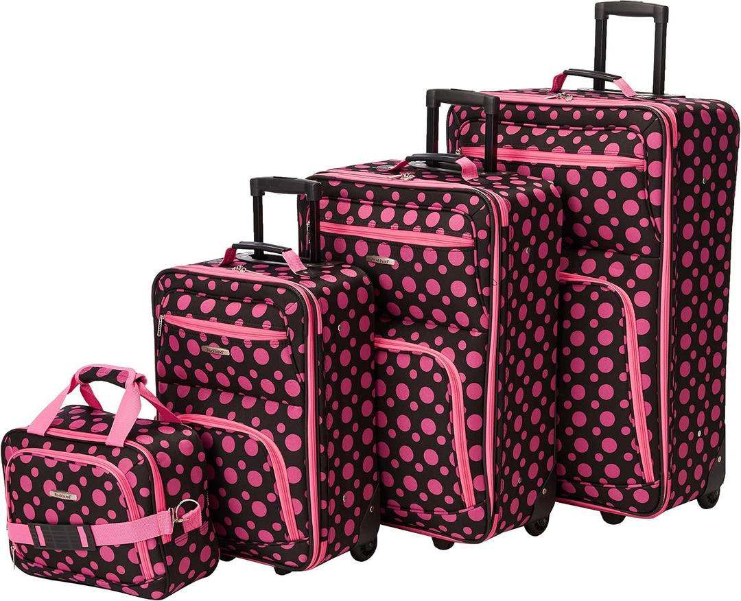 Rockland Fashion Softside Upright Luggage Set, Black/Pink Dot, 4-Piece (14/19/24/28)