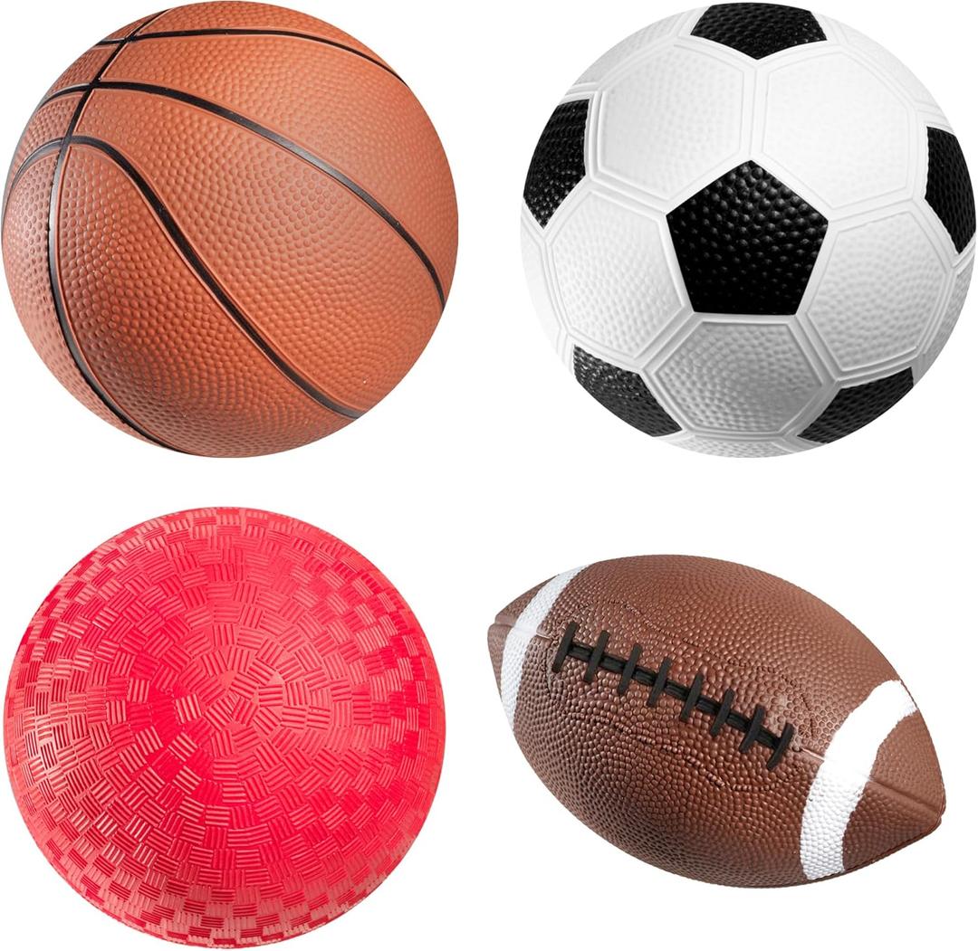 Sports Balls for Kids & Toddlers - (Pack of 4) 5-inch Sports Set Includes Football, Small Size Soccer, Basketball, and Playground Balls, Fun Indoors & Outdoor Toys (Hand Pump Included) (Regular)