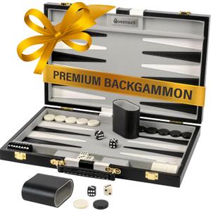 Backgammon Sets for Adults  15-Inch Black PU Leather Board Game Set  Classic 2-Player Travel Backgammon Set with 32 Playing Pieces, Dice, and Cups
