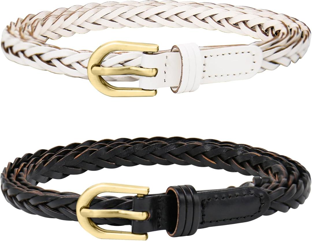 2 pack Skinny Braided Belts for Women Woven Thin Waist Dresses Faux Leather Belt for Jeans Pants 2/5"