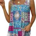Saloogoe Summer Tank Tops for Women Loose Fit Pleated Square Neck Sleeveless Tops Curved Hem Flowy (X-Large, 08-floral Grid)