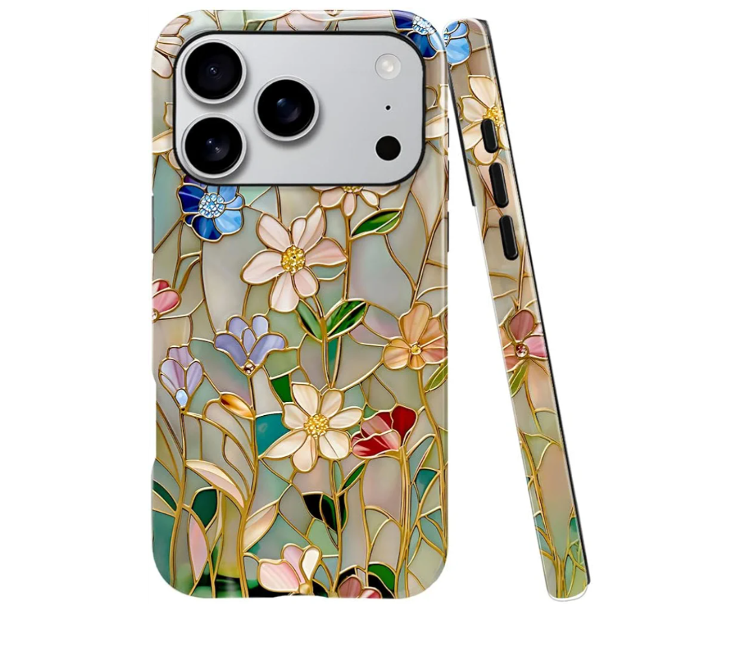 Case Compatible with iPhone 17 Pro,Fall Prevention Bright Hybrid 2-Layer Hard Shell Phone Case for Girls Boys,Stained Glass Bloom Flower